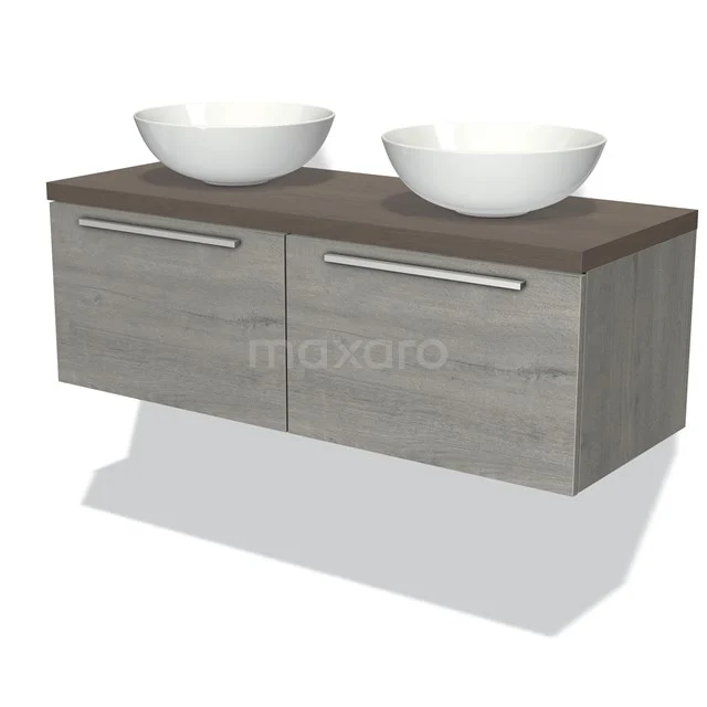 Graues Holz-Badmöbel mit zwei weißen Aufsatzwaschbecken, modernes Design und metallischen Haltegriffen, ideal für stilvolle Bäder.