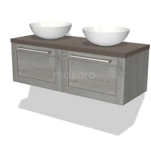 Wooden bathroom unit with two white vanity units for countertop wash basins, grey doors and stylish handles, ideal for a modern bathroom.