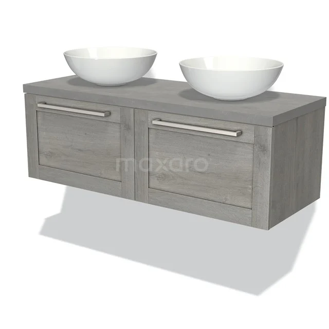 Grey wooden bathroom unit with double drawers and two white vanity units for countertop wash basins, suitable for modern bathrooms.