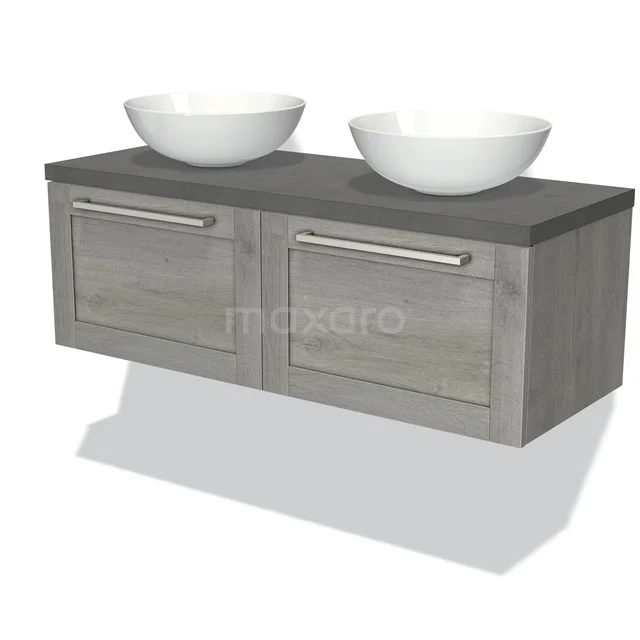 Wooden bathroom unit with grey worktop, double countertop wash basins and Stainless steel handles, ideal for a modern bathroom style.