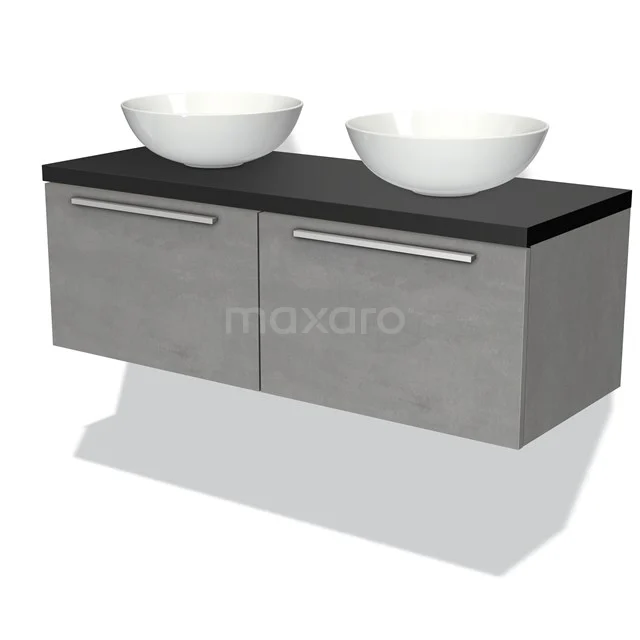 Badmöbel für Waschtischunterschrank mit Konsole 120cm Modulo Plato hellgrauer Beton 2 Schubladen Flach Matt Schwarz Platte BMK12-00491 Graue hängende Badmöbelset mit doppelten Aufsatzwaschbecken, schwarzer Platte und modernem Design für stilvolle Badezimmergestaltung.