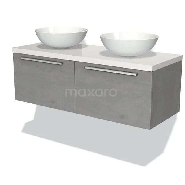 Graue hängende Badmöbelset mit zwei weißen Aufsatzwaschbecken, elegantes Design und Betonlook-Oberfläche.