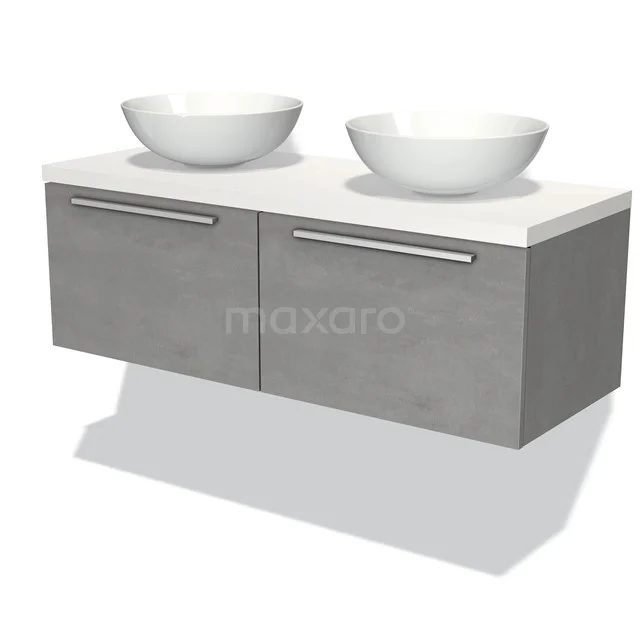 Badmöbel für Waschtischunterschrank mit Konsole 120cm Modulo Plato hellgrauer Beton 2 Schubladen Flach Matt Weiß Platte BMK12-00494 Graue hängende Badmöbelset mit Doppelwaschbecken, moderner Betonlook, ideal für ein stilvolles und funktionales Badezimmer.