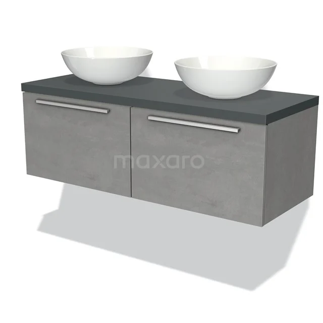Moderne graue Badmöbelset mit Betonlook, zwei Waschbecken und praktischen Schubladen, ideal für ein stilvolles Badezimmer.