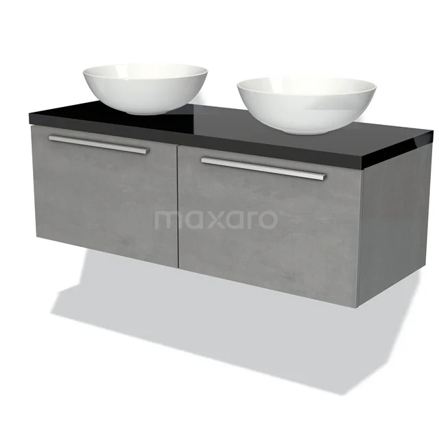 Badmöbel für Waschtischunterschrank mit Konsole 120cm Modulo Plato hellgrauer Beton 2 Schubladen Flach Hochglanz Schwarz Platte BMK12-00496 Grau hängendes Waschtischmöbel mit schwarzer Glasplatte und doppelten weißen Aufsatzwaschbecken, perfekt für eine stilvolle Badezimmergestaltung.