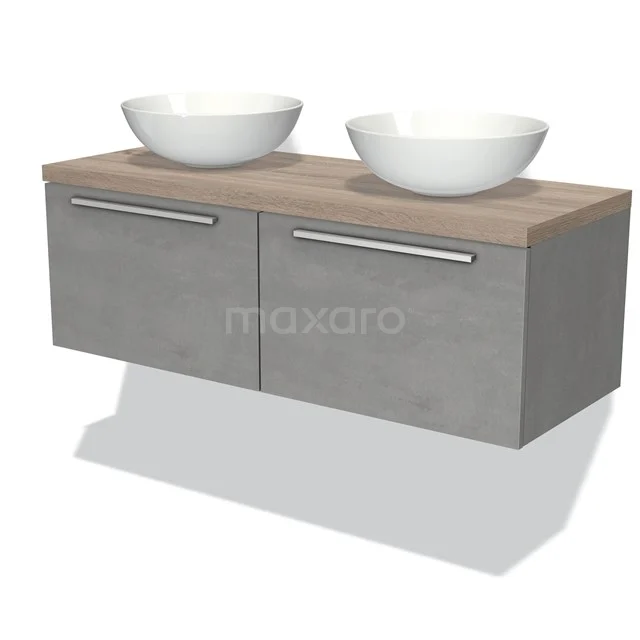 Badmöbel für Waschtischunterschrank mit Konsole 120cm Modulo Plato Hellgrauer Beton 2 Schubladen Flache Platte aus Eiche BMK12-00497 Modernes Badmöbel mit betongrauer Schrank, hölzerner Platte und zwei weißen Aufsatzwaschbecken, ideal für stilvolle Badezimmergestaltung.