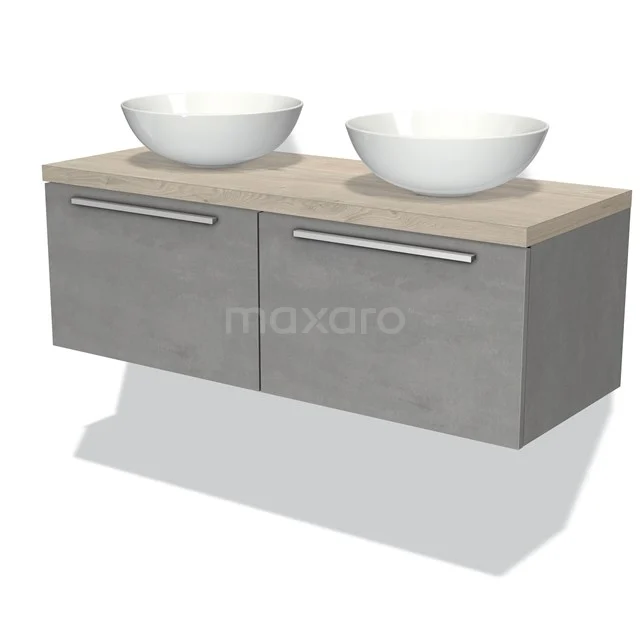 Modulo Plato Vanity units for countertop basin | 120 cm Light grey concrete Flat front Light grey oak worktop 2 Side-by-side drawers BMK12-00498