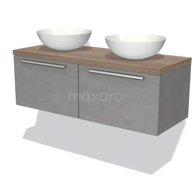 Modulo Plato Badmöbel mit Aufsatzwaschbecken | 120 cm Hellgrauer Beton Flach front Mittelbraune Eiche blatt 2 nebeneinanderliegende Schubladen BMK12-00500 Holz-Badezimmermöbel mit Beton-Schubladen, zwei weißen Aufsatzwaschbecken und verchromten Haltegriffen, moderner Designstil.