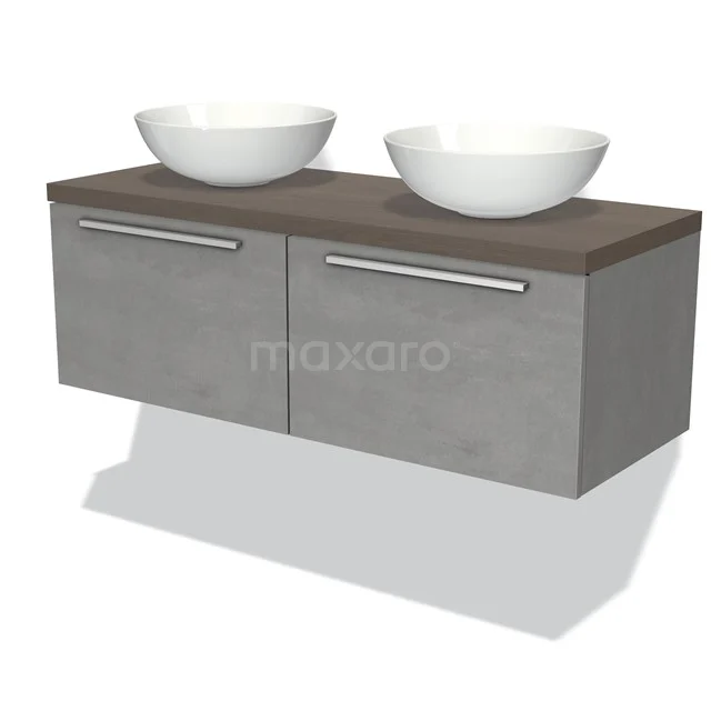 Grey hanging bathroom furniture set with wood-look top, two round white countertop wash basins and metal handles, modern design.