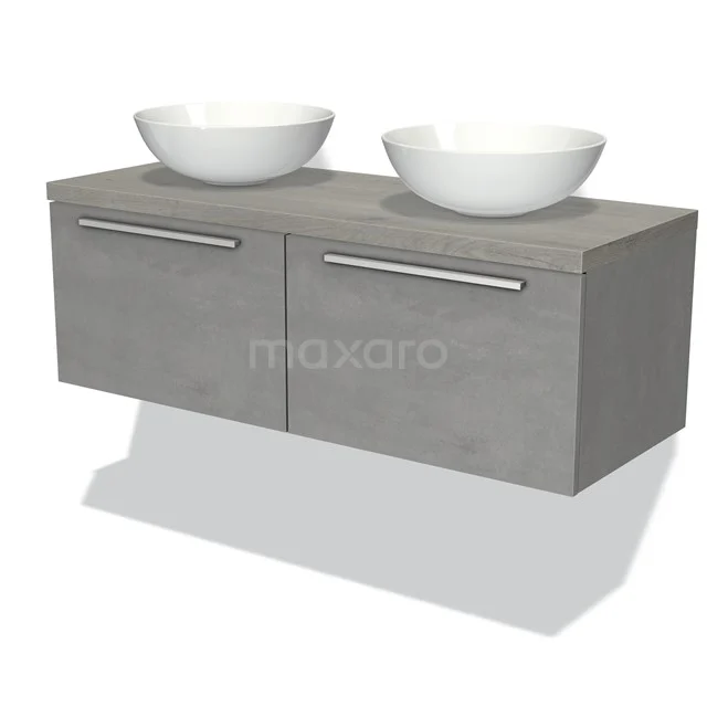 Graue hängende Badmöbelset mit zwei weißen Aufsatzwaschbecken, modernes Design, Betonlook-Oberfläche und schlichte Chromgriffe.