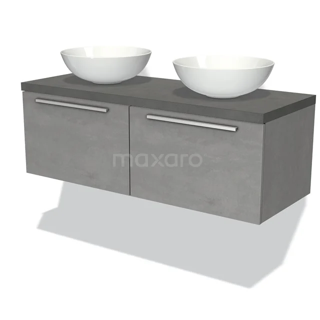 Graue schwebende Badmöbelset mit doppelten Aufsatzwaschbecken, schlanken Metallgriffen und Betonlook-Oberfläche für ein modernes Badezimmerdesign.