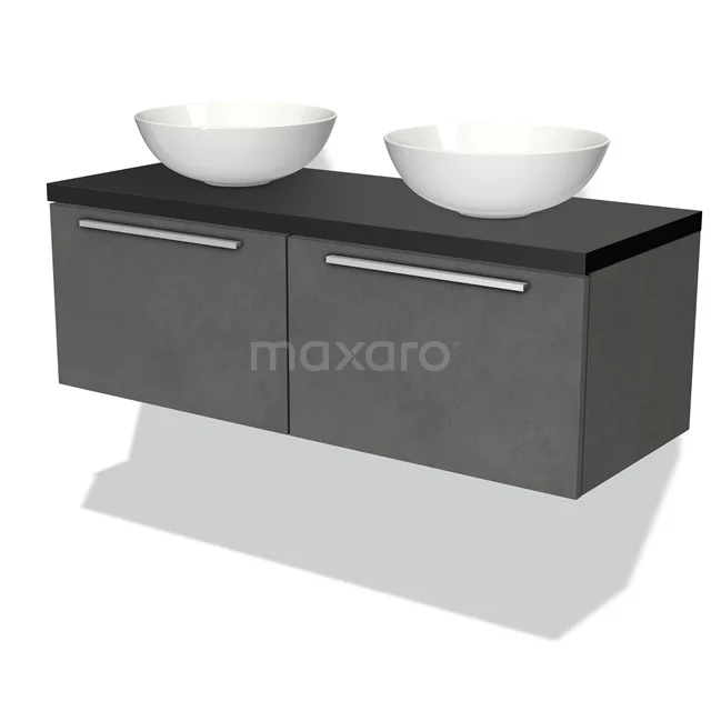 Modulo Plato Vanity units for countertop basin | 120 cm Dark grey concrete Flat front Matte black worktop 2 Side-by-side drawers BMK12-00504