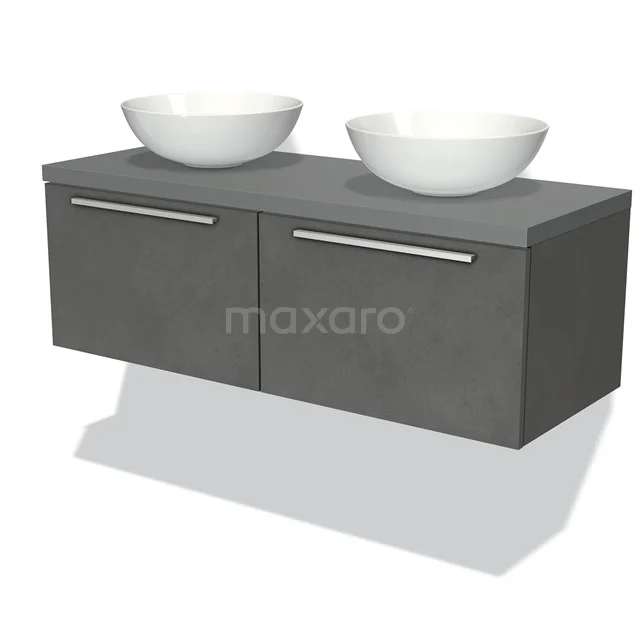 Graue hängende Badmöbel Set mit zwei weißen Aufsatzwaschbecken, moderner Stil mit Aluminium Haltegriffen.