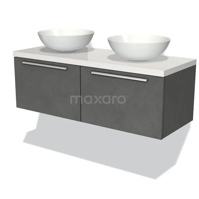 Graues schwebendes Badezimmermöbel mit zwei weißen runden Aufsatzwaschbecken, modernes Design.