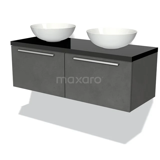 Graues schwebendes Badezimmermöbel, Doppelwaschbecken mit weißen Schalen, modernes Design und glatte Verarbeitung aus hochwertigem Material.