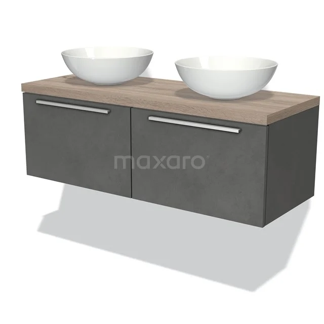 Moderne Badmöbelset mit Doppelwaschbecken, grauem Unterbau und Holzplatte für eine stilvolle Badezimmer Einrichtung.