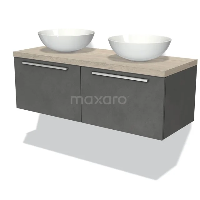 Badmöbel für Aufsatzwaschbecken 120cm Modulo Plato Dunkelgrau Beton 2 Schubladen Flach Hellgraue Eiche Platte BMK12-00511 Graue Badmöbelset mit zwei weißen Aufsatzwaschbecken, Holzoptik Arbeitsplatte und modernen Haltegriffen, ideal für ein stilvolles Badezimmer.
