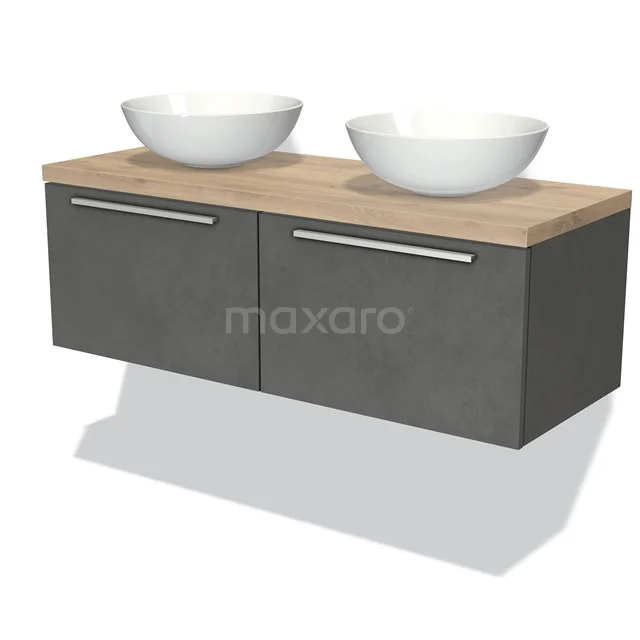 Doppelwaschtischmöbel mit Holzlookplatte, betongrauer Unterschrank und zwei weißen Aufsatzbecken, ideal für moderne Bäder.
