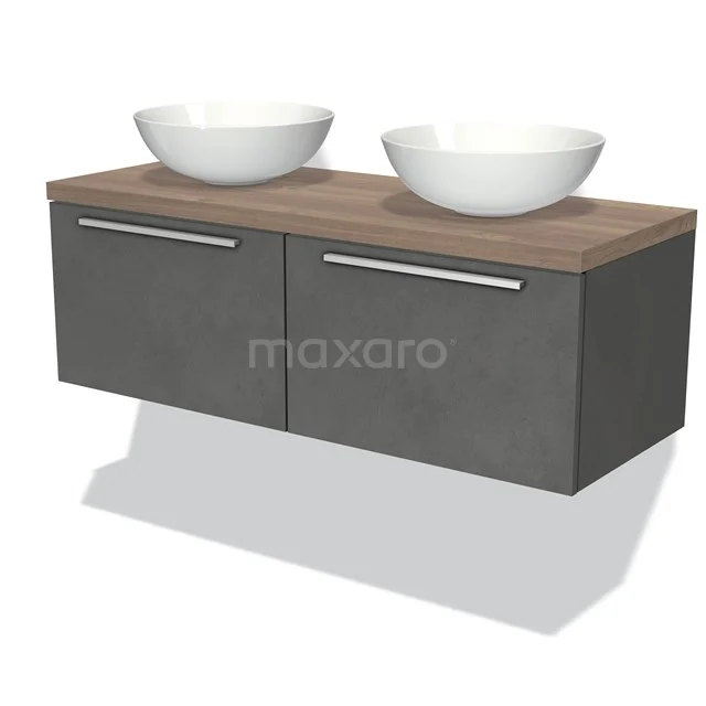Grauer schwebender Badschrank mit Holzlook Platte, doppeltem Aufsatzwaschbecken und metallischem Haltegriff; schlichtes und modernes Design.