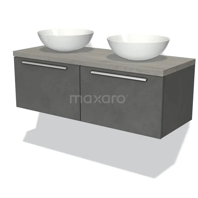 Grau schwebendes Badmöbel mit doppelten Aufsatzwaschbecken, schnittiges Design und moderner Ausführung, ideal für ein stilvolles Badezimmer.