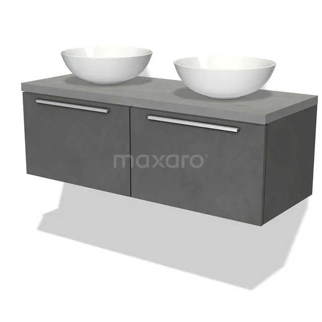 Graue Badmöbelset mit zwei weißen keramischen Aufsatzwaschbecken, Wandmontage und schlichten metallischen Haltegriffen.