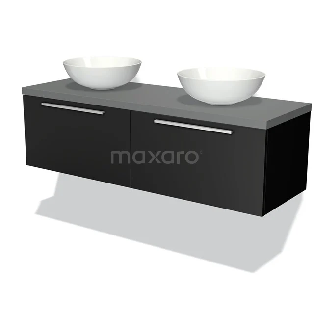 Schwarze schwebende Badmöbel mit doppelter Waschtischplatte, matter Oberfläche und weißen runden Aufsatzwaschbecken.