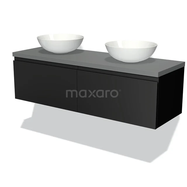 Modulo Plato Badmöbel mit Aufsatzwaschbecken | 140 cm Matt Schwarz Grifflos front Mittelgrau blatt 2 nebeneinanderliegende Schubladen BMK12-00519 Schwarze schwebende Badmöbel mit grauer Platte und zwei weißen komförmigen Aufsatzwaschbecken, modernes Design.