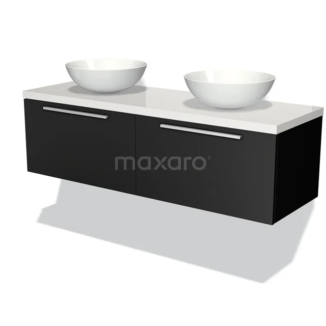 Badmöbel für Aufsatzwaschbecken 140cm Modulo Plato Matt Schwarz 2 Schubladen Flach Hochglanz Weiß Platte BMK12-00520 Schwarzes schwebendes Badezimmermöbel mit doppelten weißen Aufsatzwaschbecken, modernem Design und chromfarbenen Haltegriffen.