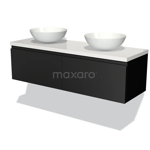 Schwarze Badmöbel mit doppelten Aufsatzwaschbecken, modernes schwebendes Design und weiße Marmoroberfläche für eine luxuriöse Ausstrahlung.