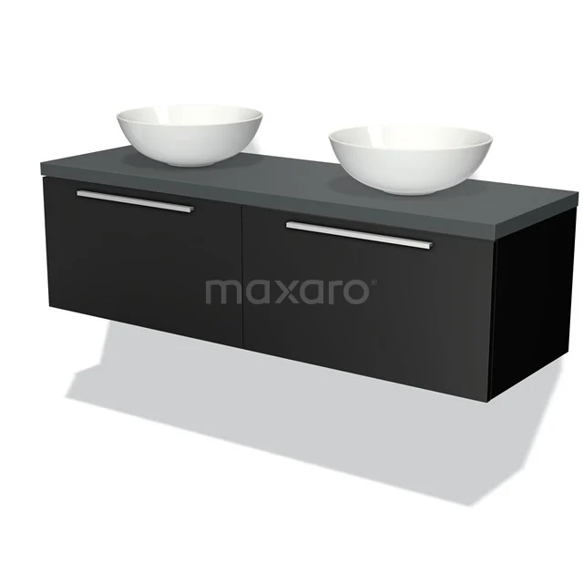 Schwarze hängende Badmöbelset mit 2 weißen Waschbecken, modernes Design und schlichte metallene Haltegriffe.