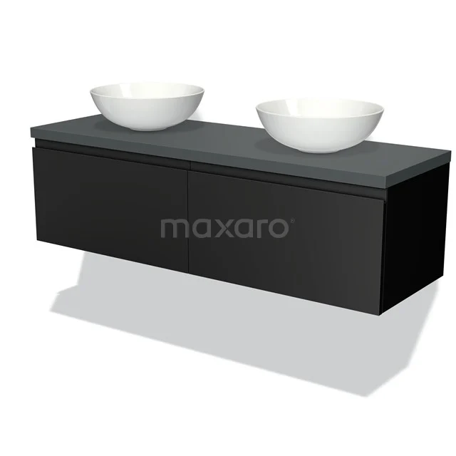 Badmöbelunterschrank mit Konsole 140cm Modulo Plato Matt Schwarz 2 Schubladen Grifflos Dunkelgrau Platte BMK12-00528 Schwarzes schwebendes Badezimmermöbelset mit grauer Platte, doppelten weißen Waschbecken, modernem Design.