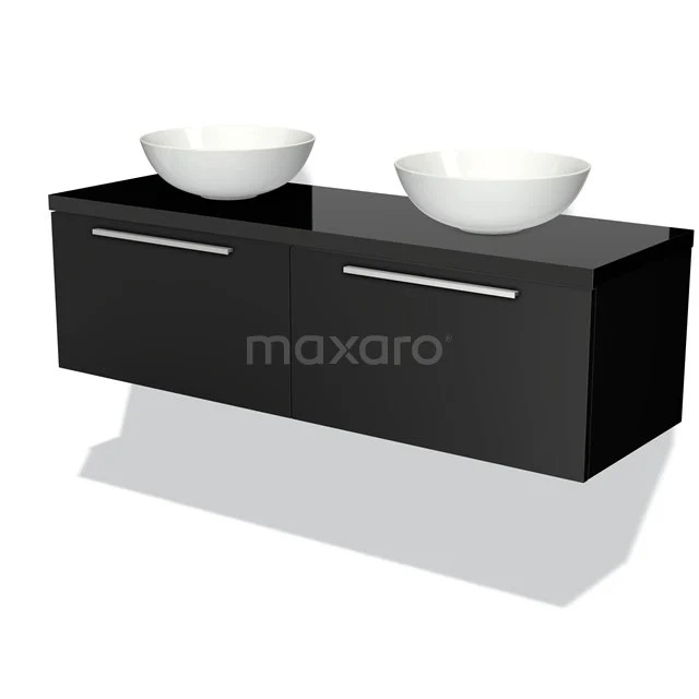 Waschtischunterschrank mit Konsole 140cm Modulo Plato Matt Schwarz 2 Schubladen Flach Hochglanz Schwarz Platte BMK12-00529 Schwarzes schwebendes Badezimmermöbel mit doppeltem Aufsatzwaschbecken, glänzender Oberfläche und schlichten metallischen Haltegriffen.