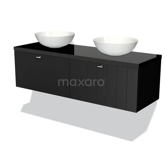 Modulo Plato Vanity units for countertop basin | 140 cm Matte black Slat front High-gloss black worktop 2 Side-by-side drawers BMK12-00530 Black floating bathroom unit with glass worktop and double white countertop wash basins, modern design for stylish bathrooms.