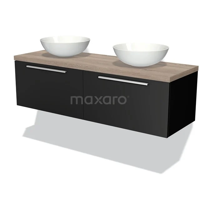 Schwarze schwebende Badmöbel mit Holzlook Platte und zwei weißen komförmigen Waschbecken, modernes und stilvolles Design.