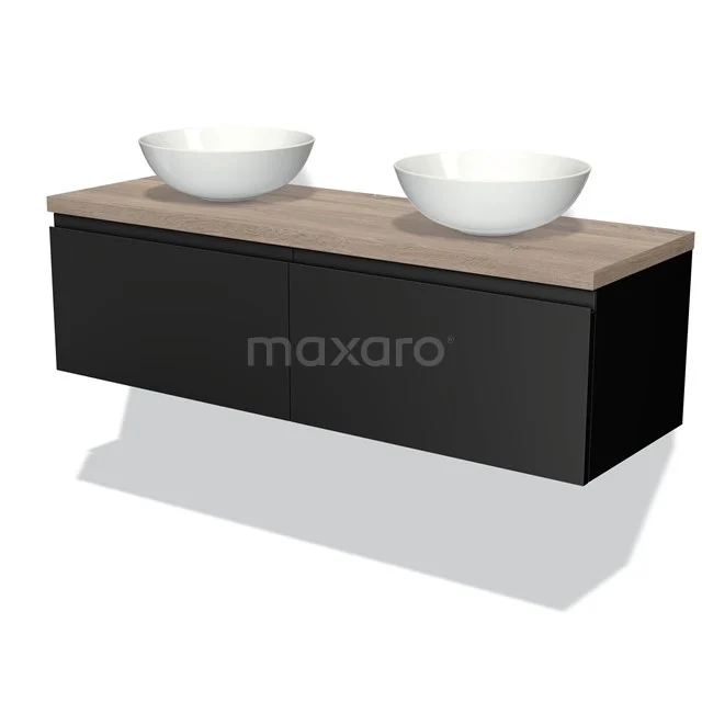 Schwarz hängendes Badezimmermöbel mit Holzoptik-Oberfläche, doppelten runden weißen Waschbecken und modernem Design.