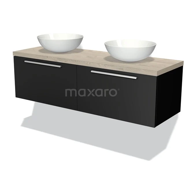 Schwarze Badmöbelset mit holzfarbener Platte und zwei runden Aufsatzwaschbecken, modernes Design und praktischer Stauraum.