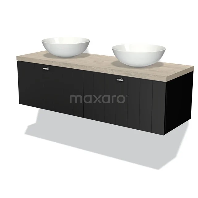 Black bathroom furniture set with two white countertop wash basins and a wood-look worktop, ideal for modern bathroom design.