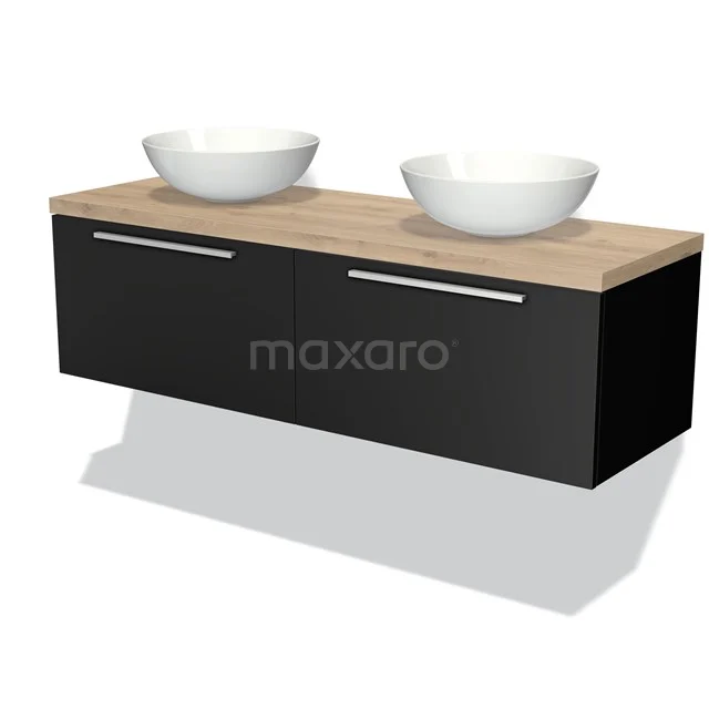 Schwarzes Holz-Badmöbel mit doppelten weißen Aufsatzwaschbecken und Eichenplatte, modernes Design für stilvolle Bäder.