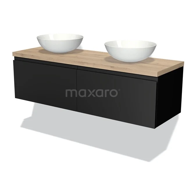 Schwarzes schwebendes Badezimmermöbel mit Holzlook Platte und doppelten weißen komförmigen Waschbecken, moderne Ausstrahlung.