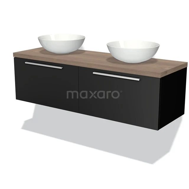 Waschtischunterschrank mit Konsole 140cm Modulo Plato Matt Schwarz 2 Schubladen Flach Mittelbraune Eiche Platte BMK12-00541 Schwarzes Badmöbel mit zwei weißen Waschbecken, Holzoptik-Platte und minimalistischem Design, perfekt für ein modernes Badezimmer.
