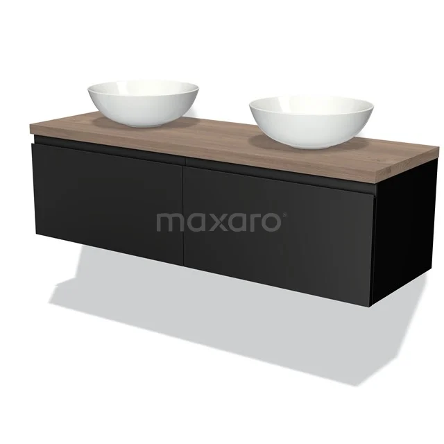 Schwarze Badmöbelset mit Holzplatte und zwei weißen Aufsatzwaschbecken, modernes Design und geeignet für Doppelwaschbeckenaufstellung.