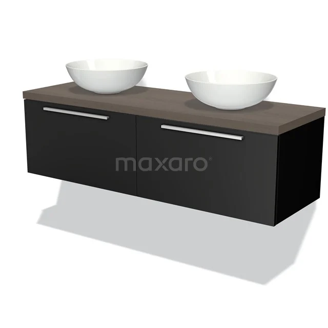 Black vanity unit with wood grain top, double round countertop wash basins and chrome handles, ideal for modern bathrooms.