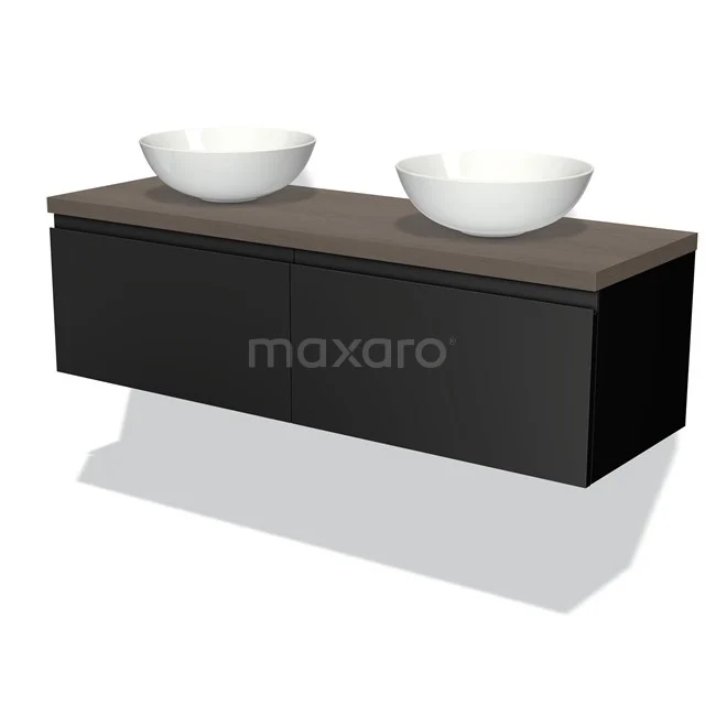 Black bathroom unit with wooden worktop and two white top washbasins, modern design for double basin arrangement.