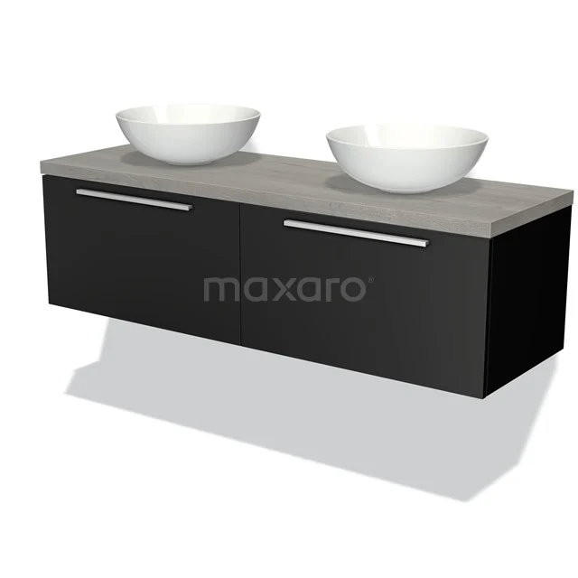 Modern schwarzes Badezimmermöbel mit zwei weißen Aufsatzwaschbecken, Holzlook Platte und schlichten chromfarbenen Haltegriffen.