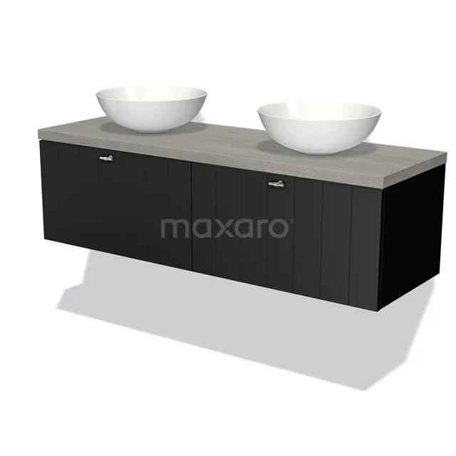 Black wooden bathroom unit with two white countertop basins and grey worktop, modern design for stylish bathrooms.
