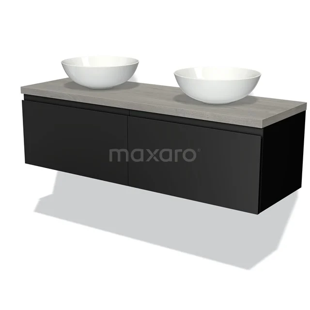 Schwarzes schwebendes Badezimmermöbelset mit keramischen Waschbecken und grauer Holzplatte, moderner Stil.