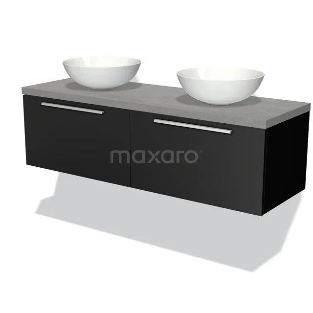 Schwarzes hängendes Badmöbel mit zwei weißen Aufsatzwaschbecken und einer grauen Betonplatte, modernes Design.
