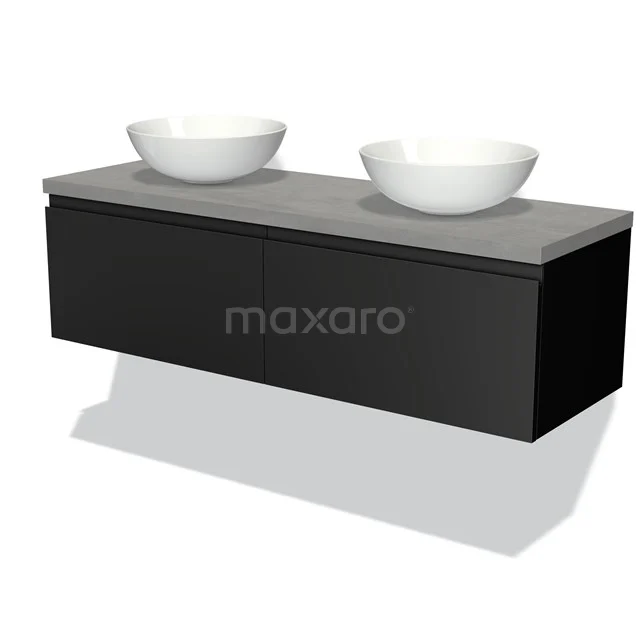 Schwarze Badmöbelset mit zwei weißen Aufsatzwaschbecken, grauer Steinplatte, modernes Design für stilvolle Badezimmergestaltung.