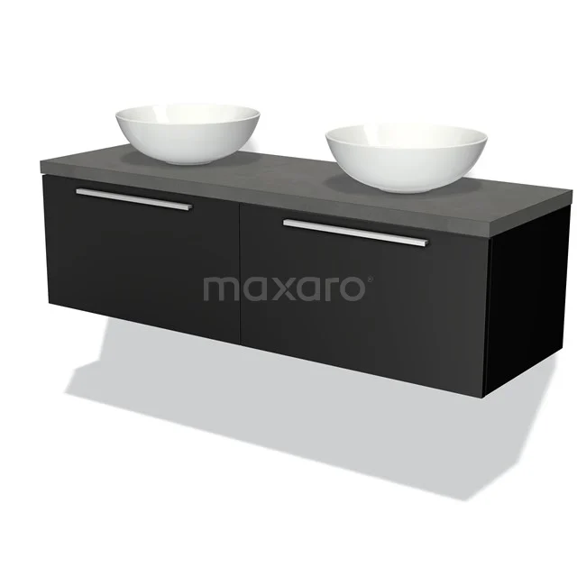 Schwarzes schwebendes Badezimmermöbel mit zwei weißen Aufsatzwaschbecken, grauer Betonplatte, modernen Haltegriffen.