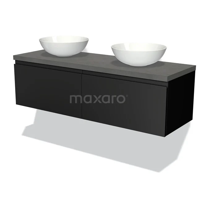 Schwarzes schwebendes Badmöbel mit Doppelwaschbecken, Keramik und Glasplatte, modernes Design für moderne Bäder.